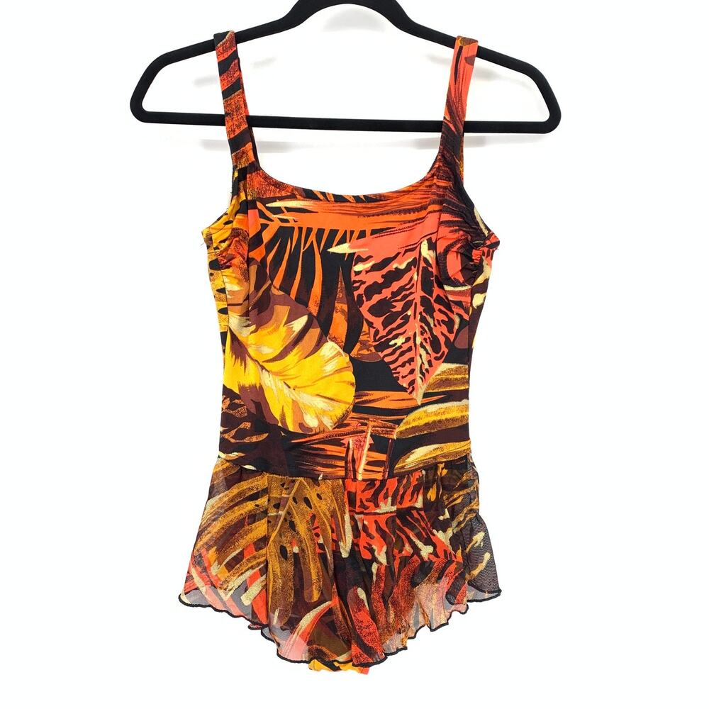 VTG Roxanne Swimsuit Womens M 32 B Orange Bra-Sized Tropical Leaf Print Skirt